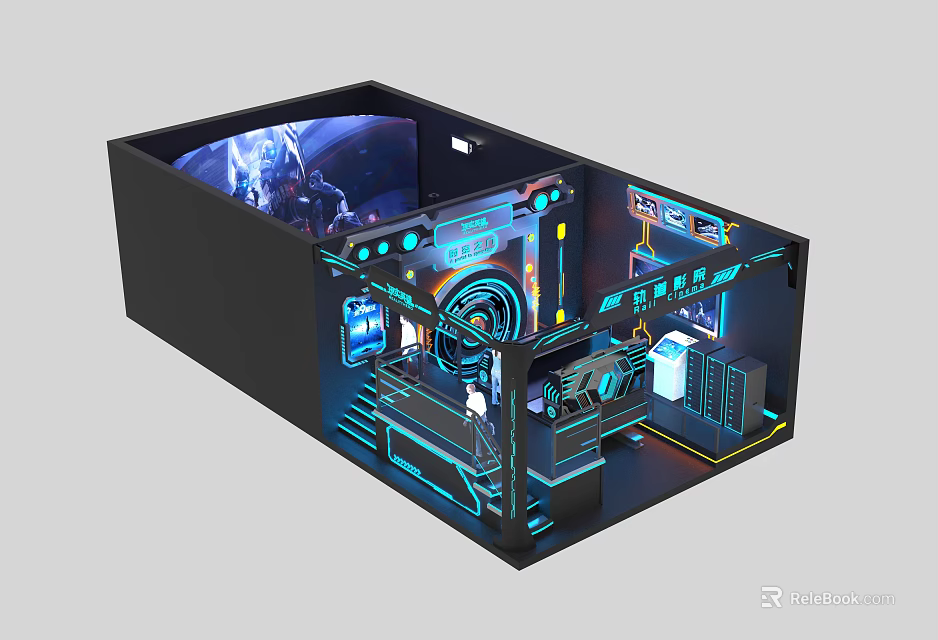 Futuristic Cinema Interior Design With Tech Control Panel And Blue Lighting 3d model 