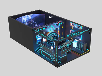 Futuristic Cinema Interior Design With Tech Control Panel And Blue Lighting 3d model