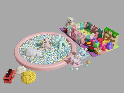 Playground Equipment With Pink Ball Pit Colorful Balls Building Blocks Toy House And Teddy Bear 3d model