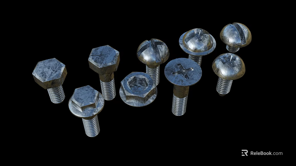 Assorted Metal Hardware Tools Featuring Hex Head and Round Head Bolts 3d model