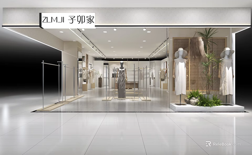 Elegant Modern Clothing Store Interior With Mannequins Clothing Racks And Plants 3d model 