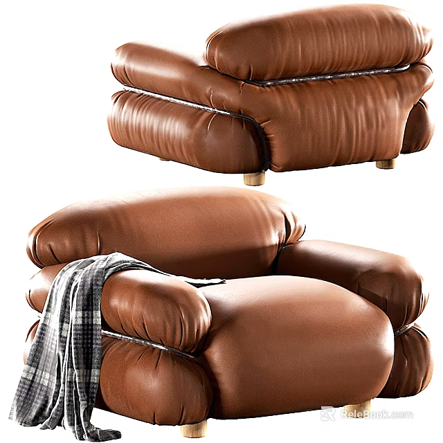Plush Brown Leather Single Sofa with Checkered Throw and Comfortable Design 3d model 