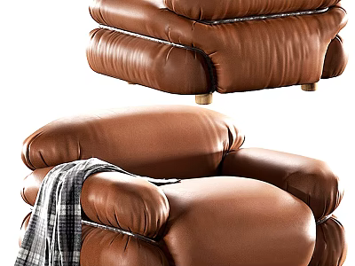 Plush Brown Leather Single Sofa with Checkered Throw and Comfortable Design 3d model