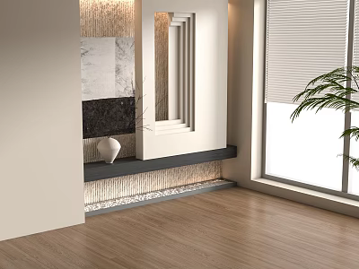 Modern Entryway Cabinet and Side Cabinet with Mirror Potted Plant Textured Wall and Wooden Floor 3d model