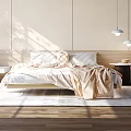 Cozy Bedroom Interior With Double Bed Beige Walls Pendant Lights Rug And Wooden Floor