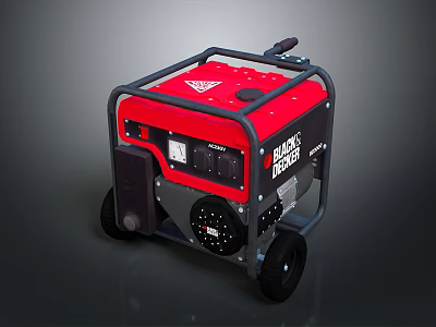 Portable Generator Featuring Red Casing Black Frame Wheels And Control Panel 3d model