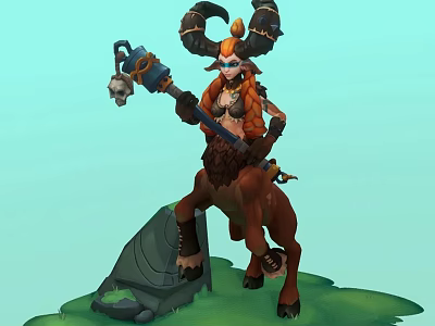 Horned Female Character As Half Beast Creature Holding Skeleton Staff On Grassland With Stone Monument 3d model