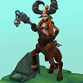 Horned Female Character As Half Beast Creature Holding Skeleton Staff On Grassland With Stone Monument