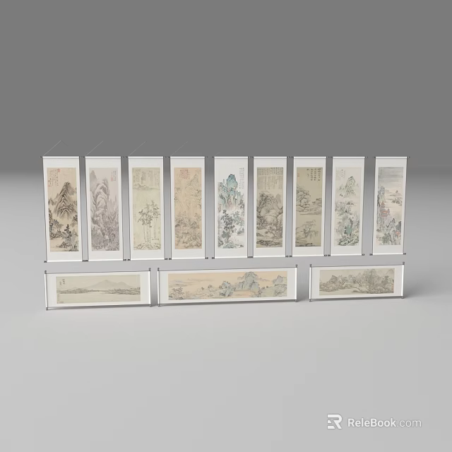 Traditional Chinese Scroll Paintings With Landscape And Tree Designs On 3d model 