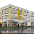Modern School Building With Yellow And White Exterior Large Windows And People Outside