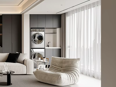 Modern Living Interior With Plush Accent Chair Sofa And Curtains 3d model