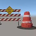 Traffic Sign With Dead End Warning Red White Striped Barrier And Red Cone