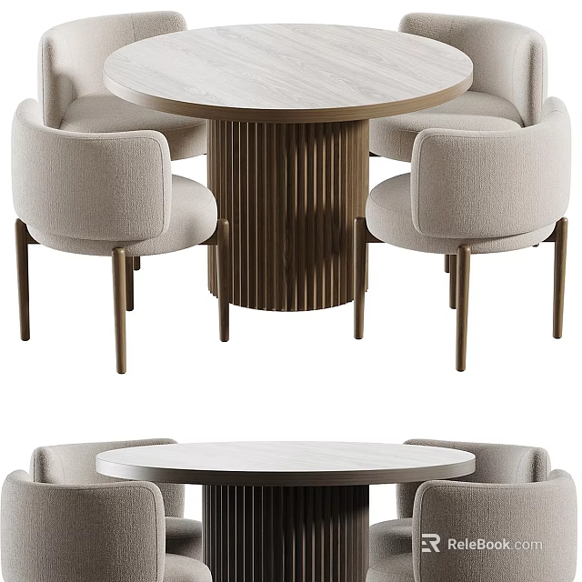 Round Dining Table Set With Beige Upholstered Chairs And Fluted Wooden Legs 3d model 
