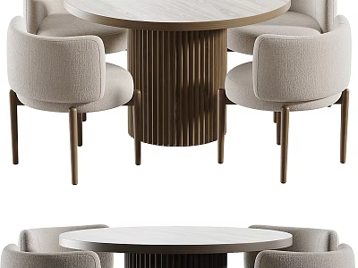 Round Dining Table Set With Beige Upholstered Chairs And Fluted Wooden Legs 3d model