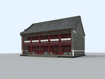 Ancient Chinese Architecture With Black Tiled Roof Red Wooden Windows And Gray Brick Walls 3d model