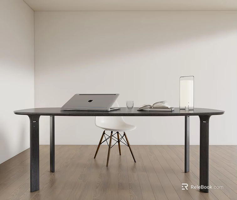 Modern Dining Table Set With Black Table White Chair Laptop Book Glass And Lamp 3d model 