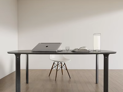 Modern Dining Table Set With Black Table White Chair Laptop Book Glass And Lamp 3d model