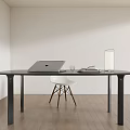 Modern Dining Table Set With Black Table White Chair Laptop Book Glass And Lamp