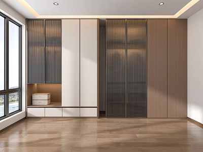 Modern Wardrobe Interior Design With Wooden Panels Glass Doors And Integrated Lighting 3d model