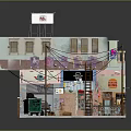 Cartoon Style Street Corner Scene With Two Story Building Billboards Parked Car And Colorful Clothesline