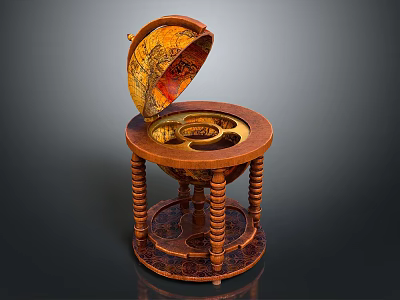 Decorative Ornament Set Featuring Open Globe On Wooden Carved Leg Table Stand 3d model