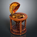 Decorative Ornament Set Featuring Open Globe On Wooden Carved Leg Table Stand
