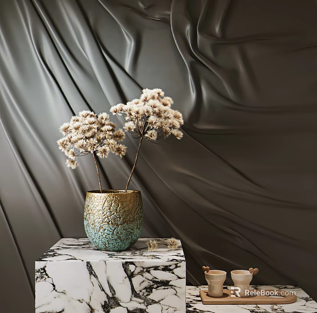 Ceramic Vase with White Dried Flowers on Marble Stand Against Dark Velvet Curtain 3d model 