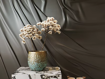 Ceramic Vase with White Dried Flowers on Marble Stand Against Dark Velvet Curtain 3d model