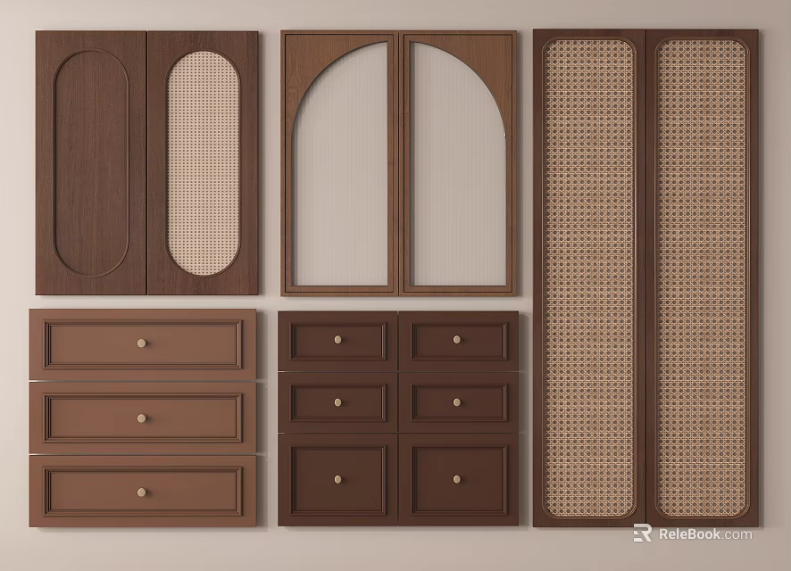Stylish Wooden Cabinet Door and Drawer Components Featuring Various Textured and Arched Designs 3d model 