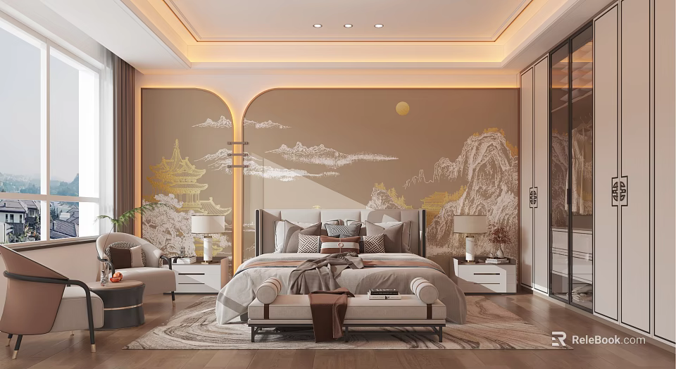 Traditional Chinese Bedroom Interior With Mountain River Mural And Wooden Furniture 3d model 