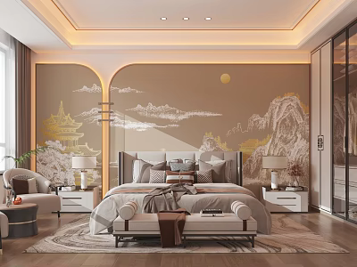 Traditional Chinese Bedroom Interior With Mountain River Mural And Wooden Furniture 3d model
