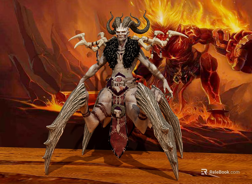 Fantasy Game Movie Character With Horns Wings Flaming Background And Red Monster 3d model 