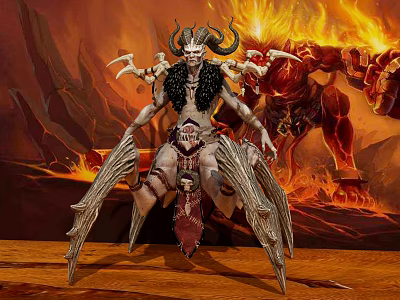 Fantasy Game Movie Character With Horns Wings Flaming Background And Red Monster 3d model