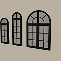 Black Arched Casement Windows With Grid Panes And Metal Handles Three Sizes On Light Wall