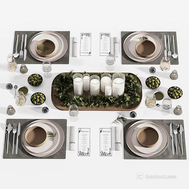 Elegant Dinnerware Set For Table Setting With Plates Cutlery Glasses Candles And Decorative Greenery 3d model 