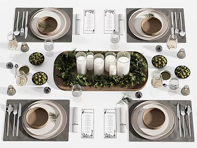Elegant Dinnerware Set For Table Setting With Plates Cutlery Glasses Candles And Decorative Greenery 3d model