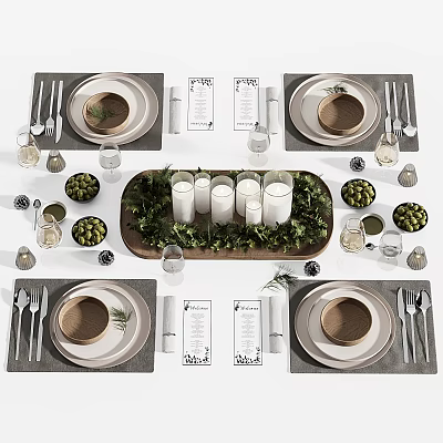 Elegant Dinnerware Set For Table Setting With Plates Cutlery Glasses Candles And Decorative Greenery 3d model