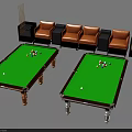 Two Green Felt Billiard Tables Sports Equipment With Brown Sofas And Cue Racks