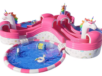Kids Play Area Featuring Inflatable Unicorn Slide Blue Water Pool And Floating Ring 3d model