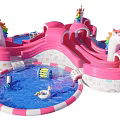 Kids Play Area Featuring Inflatable Unicorn Slide Blue Water Pool And Floating Ring