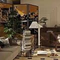 Wooden Oriental Entryway Cabinet And Side Cabinet Interior With Plant Table Lamp And Books