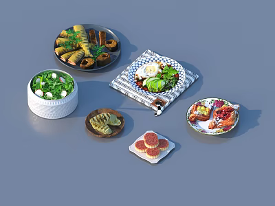 Assorted Delicious Foods Including Fresh Salad Spring Rolls Grilled Veggies Fried Eggs and Fruit Pastries 3d model