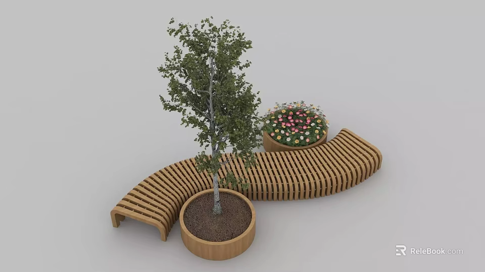Wooden Tree Planter With Curved Bench And Round Flower Bed With Colorful Flowers 3d model 