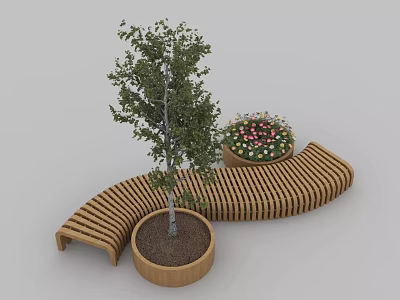 Wooden Tree Planter With Curved Bench And Round Flower Bed With Colorful Flowers 3d model