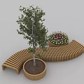 Wooden Tree Planter With Curved Bench And Round Flower Bed With Colorful Flowers