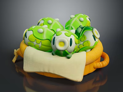 Cute Green Animal Shaped Daily Living Items Placed In Orange Basket With White Cloth 3d model