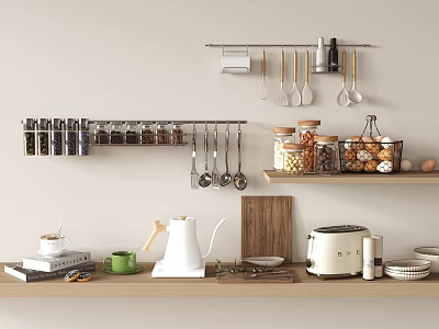 Organized Kitchen Utensils With Wall Mounted Spice Rack Hanging Tools Wooden Shelf Jars And Toaster 3d model