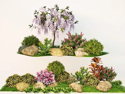 Beautiful Garden Landscape Design With Wisteria Flowers Shrubs Rocks And Greenery 3d model