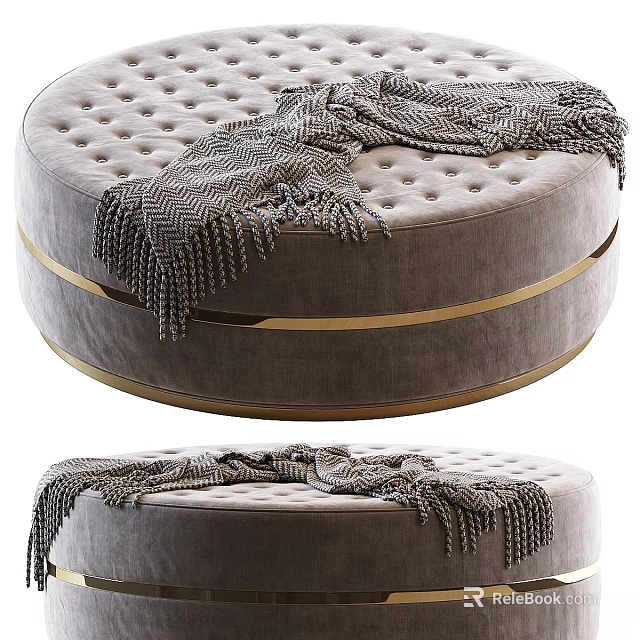 Round Tufted Gray Ottoman With Gold Metal Ring And Knitted Blanket Decoration 3d model 