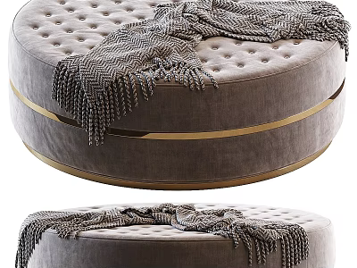 Round Tufted Gray Ottoman With Gold Metal Ring And Knitted Blanket Decoration 3d model